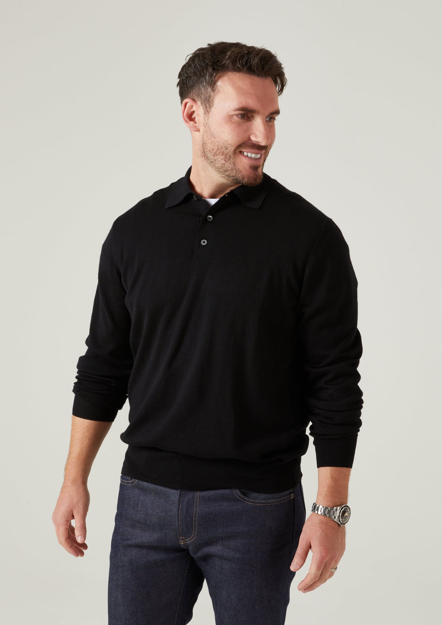 Hindhead Men's Merino Wool Polo Shirt in Black
