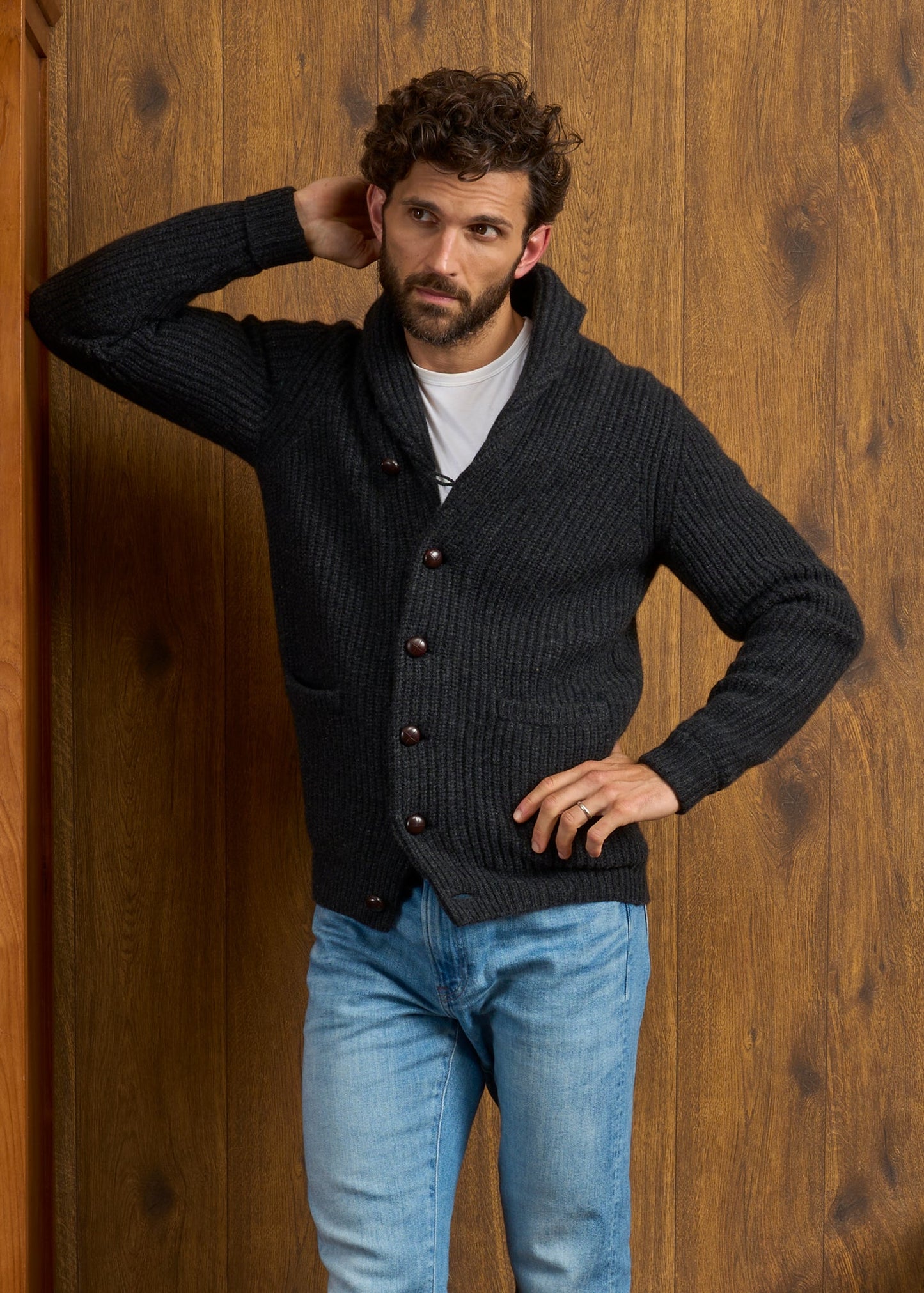 Usworth Men's Shawl Collar Lambswool Jumper In Charcoal
