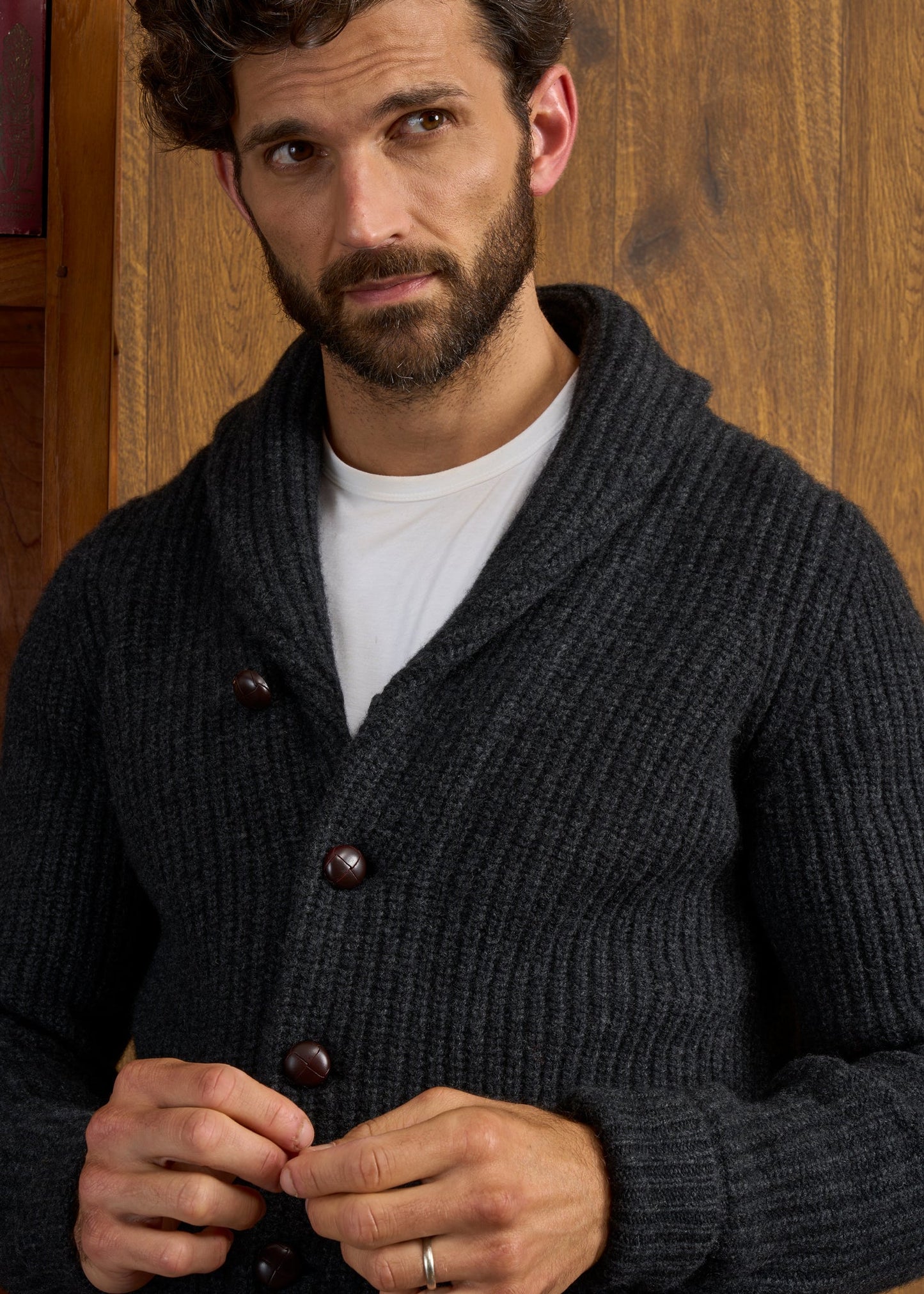 Usworth Men's Shawl Collar Lambswool Jumper In Charcoal