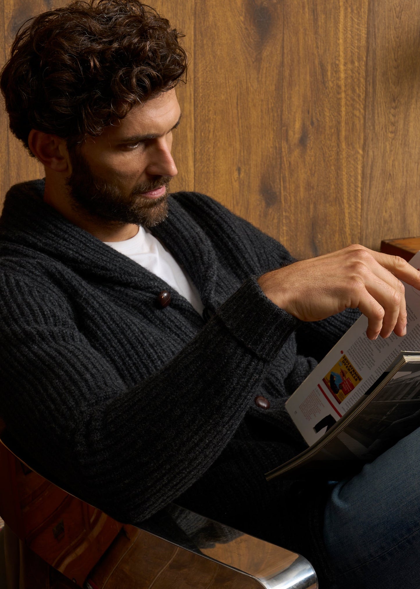 Usworth Men's Shawl Collar Lambswool Jumper In Charcoal