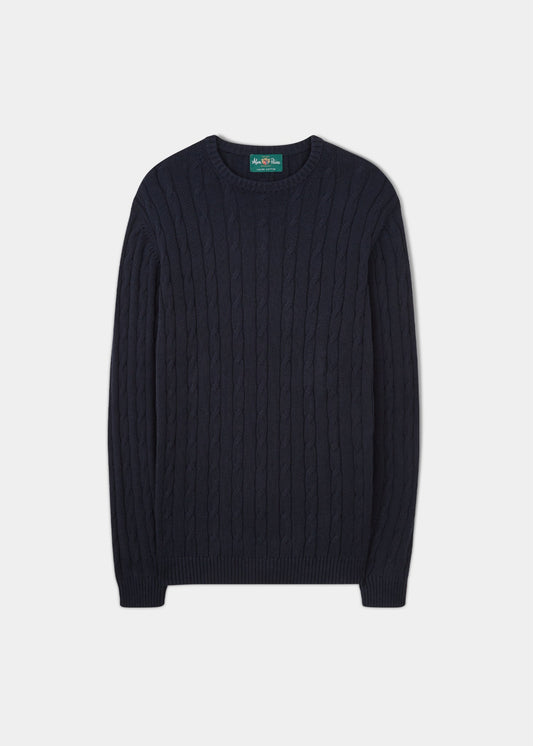 Men's cotton cashmere cable knit jumper in dark navy