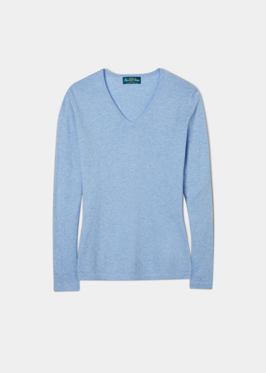 Ladies cotton cashmere jumper in colourway carnation with a vee neck