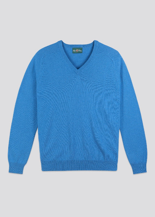 Men's Lambswool Vee Neck Sweater in Cyan - Regular Fit