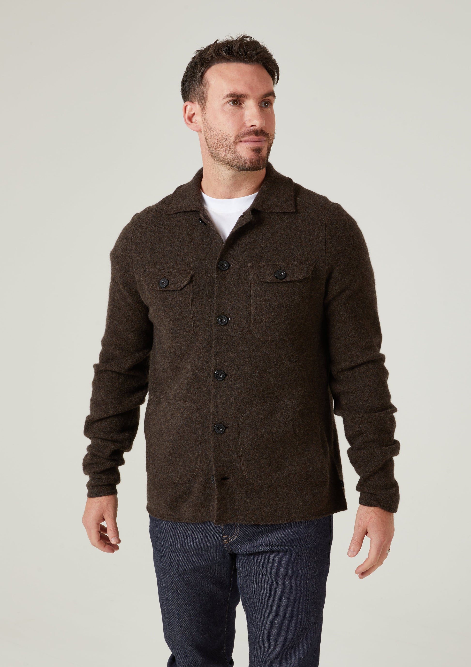 Ferndale Men's Knitted Lambswool Shirt In Cocoa