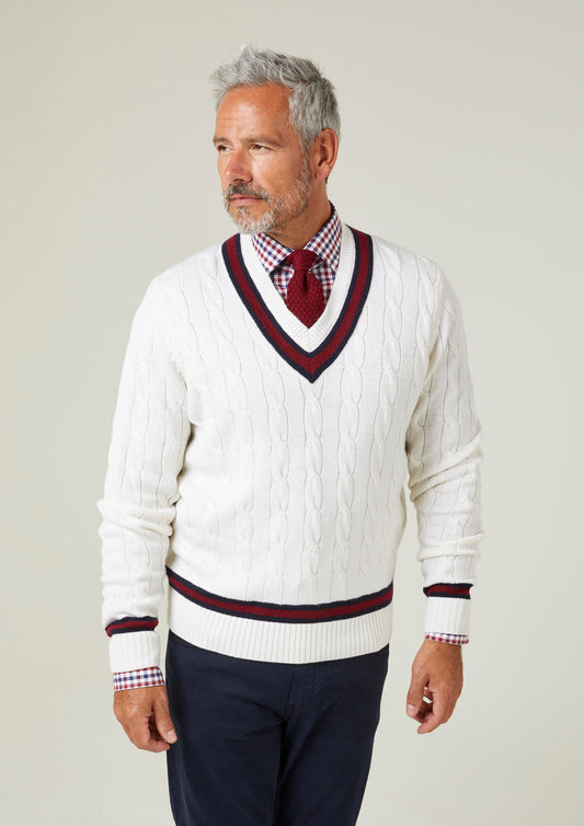 Grafton Men's Merino Wool Cable Cricket Sweater In Ecru - Regular Fit