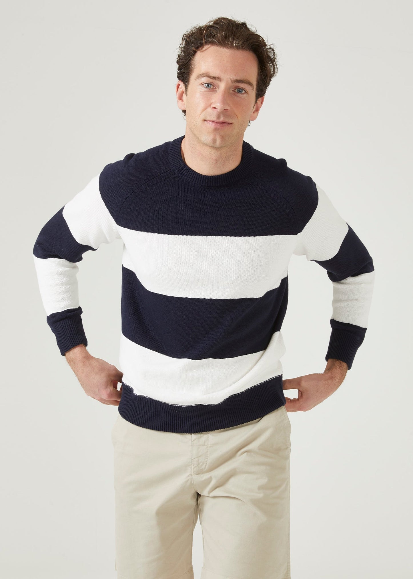 Wide stripe cotton jumper with a crew neck in dark navy & ecru.
