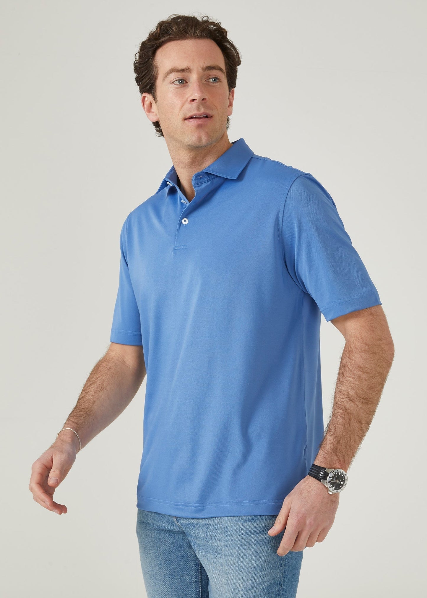 Men's 3 button polo shirt in mid blue.