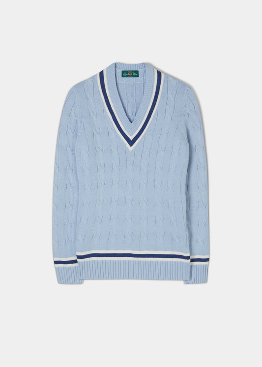 Ladies Vee Neck Cable Knit Cricket Jumper In Light Blue With French Navy Trim